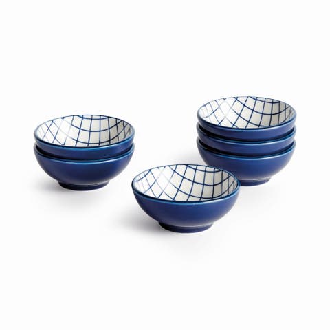 Stria Grid Dip Bowls, Set of 6 - Dark Blue/White Ceramic