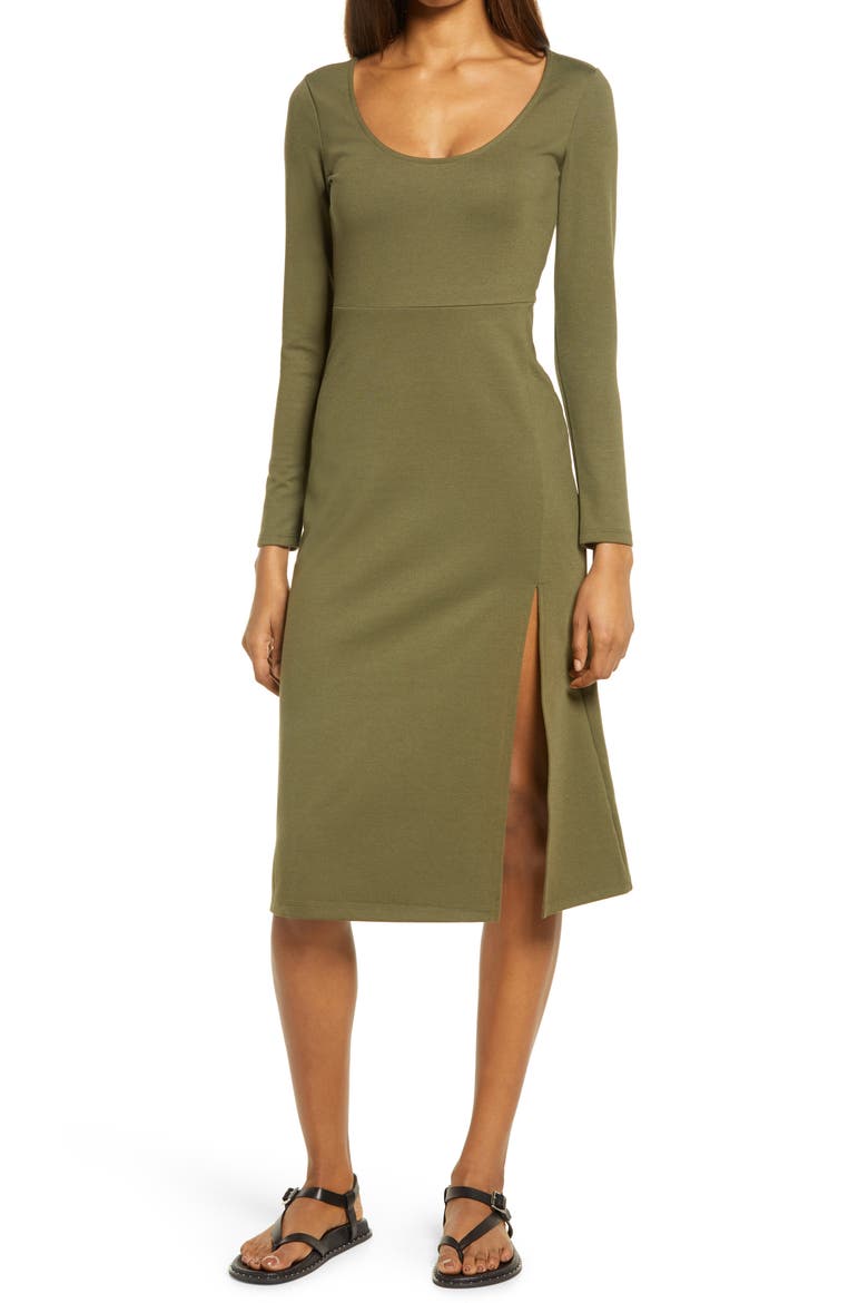 Long Sleeve Side Slit Midi Dress, Main, color, OLIVE NIGHT