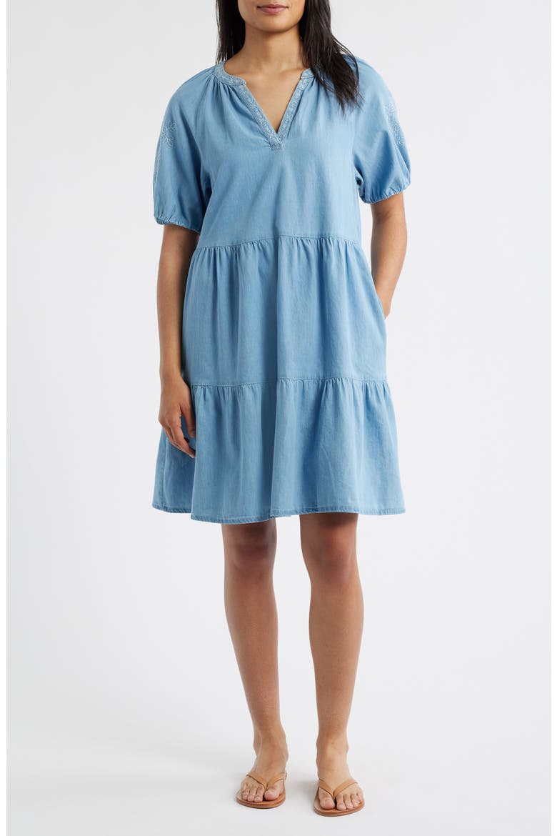 Ayla Embroidered Tiered Dress, Main, color, MEDIUM WASH