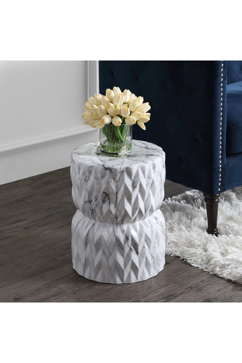 Chevron Drum Traditional Marble Finish Ceramic Drum Garden Stool, Pierced Indoor/Outdoor Patio Seat & Side Table, Alternate, color, White Marble Finish