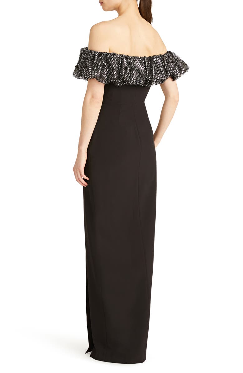 ML Monique Lhuillier Micaela Metallic Ruffle Crepe Sheath Gown, Alternate, color, Silver/ Black