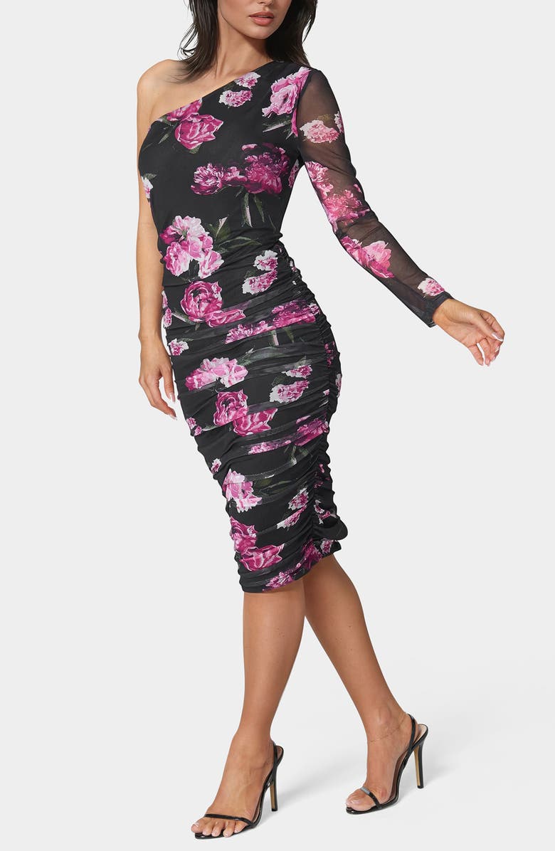 bebe Floral One Sleeve Ruched Mesh Midi Dress, Alternate, color, Black Multi
