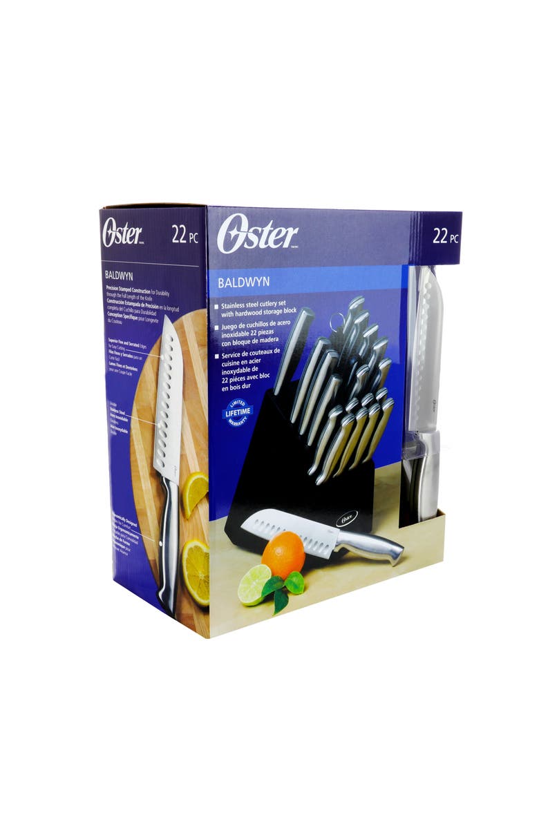 OSTER Baldwyn 22 Piece Stainless Steel Cutlery Set with Stainless Steel Handles and Wooden Block, Alternate, color, Silver