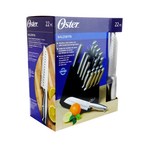 Oster Baldwyn 22 Piece Stainless Steel Cutlery Set With Stainless Steel Handles And Wooden Block In Silver