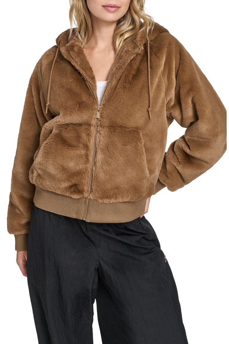 Faux Fur Bomber Hoodie, Main, color, COGNAC
