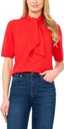 CeCe Tie Neck Short Sleeve Sweater