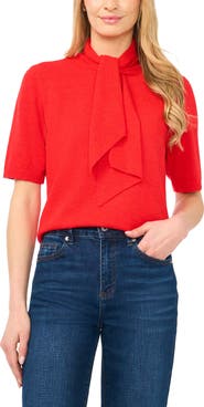 CeCe Tie Neck Short Sleeve Sweater