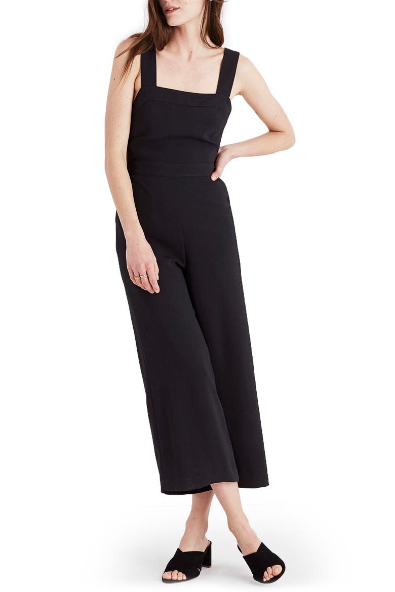 Apron Bow Back Jumpsuit, Main, color, TRUE BLACK
