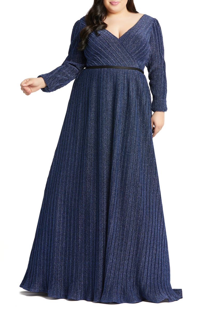 Mac Duggal Shimmering V-Neck Evening Gown, Main, color, Sapphire