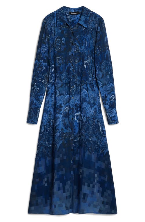 Desigual Belted Long Sleeve Midi Shirtdress In Blue
