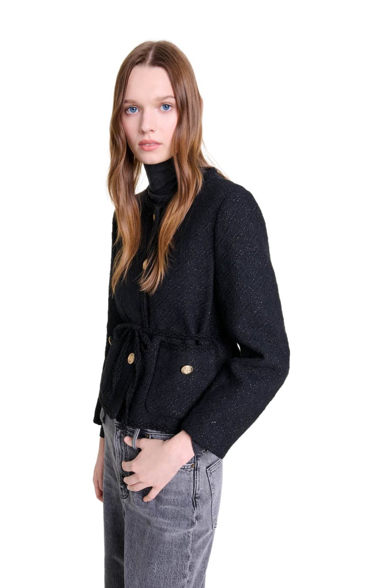 maje Straight-cut shiny tweed jacket, Alternate, color, 