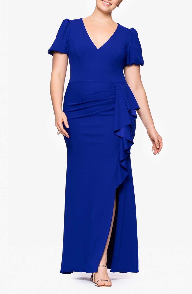 Xscape Evenings Side Ruffle Scuba Crepe Gown, Main, color, 