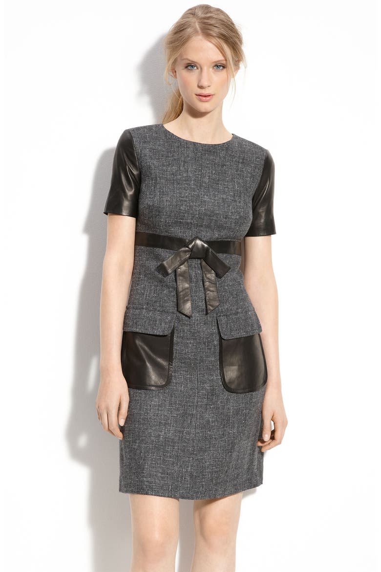 Tweed Dress with Leather Trim, Main, color, BLACK