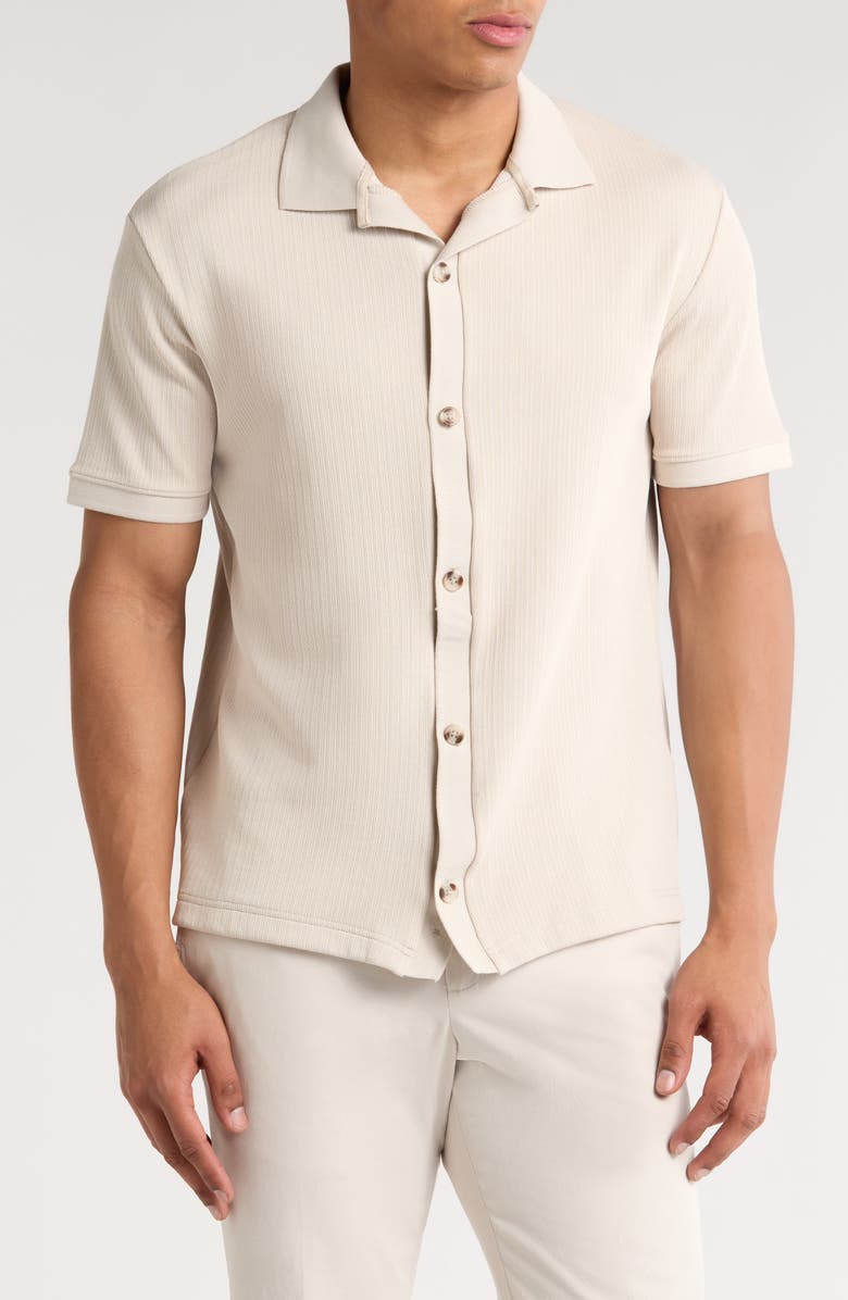 DENIM AND FLOWER Ribbed Knit Camp Shirt, Main, color, Stone