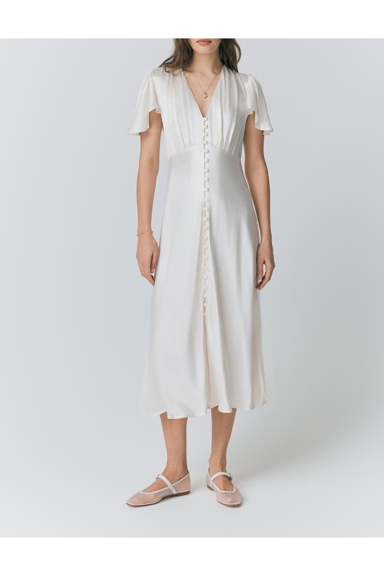 Grace Satin Button V-Neck Dress, Alternate, color, Ivory