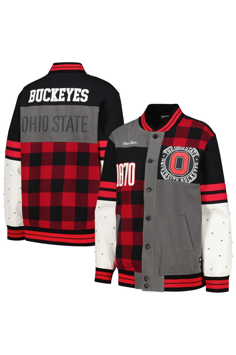 Women's The Wild Collective Black Ohio State Buckeyes Multi Vintage Button-Up Bomber Jacket, Main, color, Black