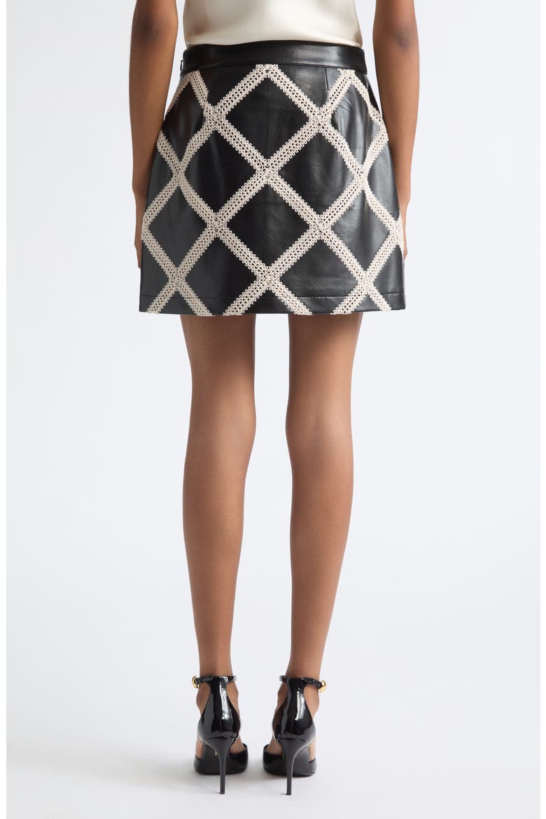 Audree Lattice Trim Faux Leather Miniskirt, Alternate, color, BLACK/ GARDENIA