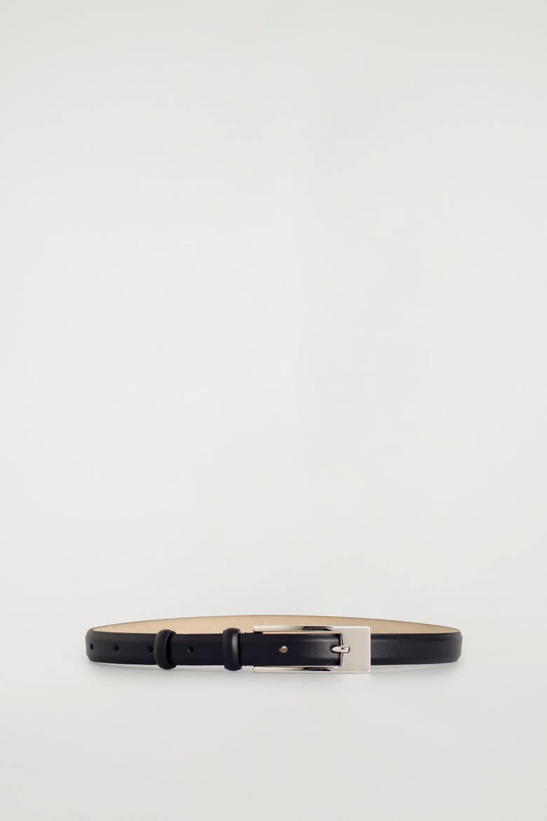 Elongated-buckle Leather Belt, Main, color, BLACK