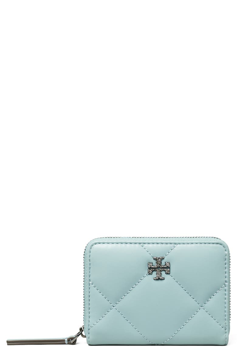 Tory Burch Small Kira Pavé Logo Diamond Quilted Leather Zip Wallet, Main, color, 
