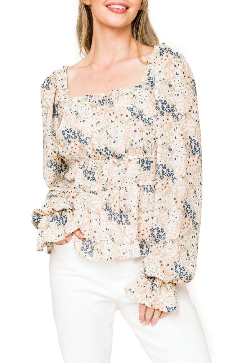Floral Print Smocked Waist Peplum Top, Main, color, SPRING FLORAL