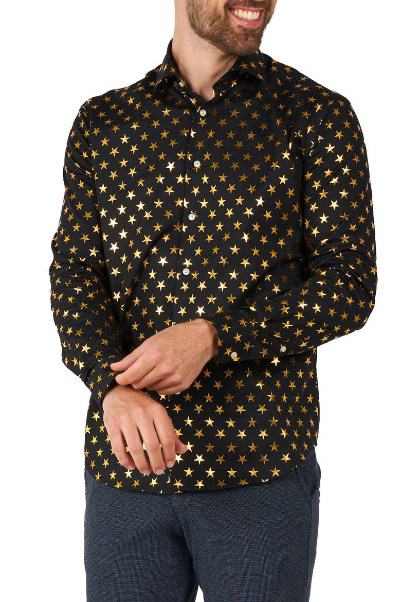 Foil Star Dress Shirt, Main, color, BLACK