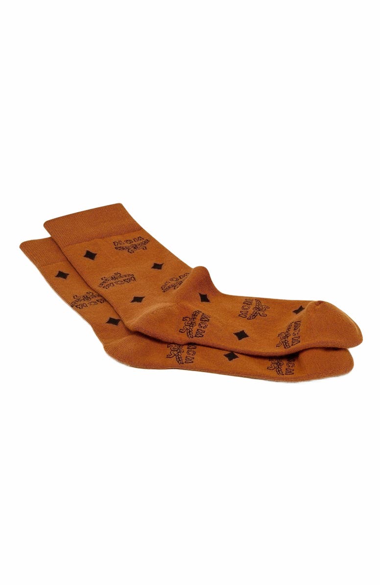 MCM Monogram Knit Socks, Alternate, color, Cognac
