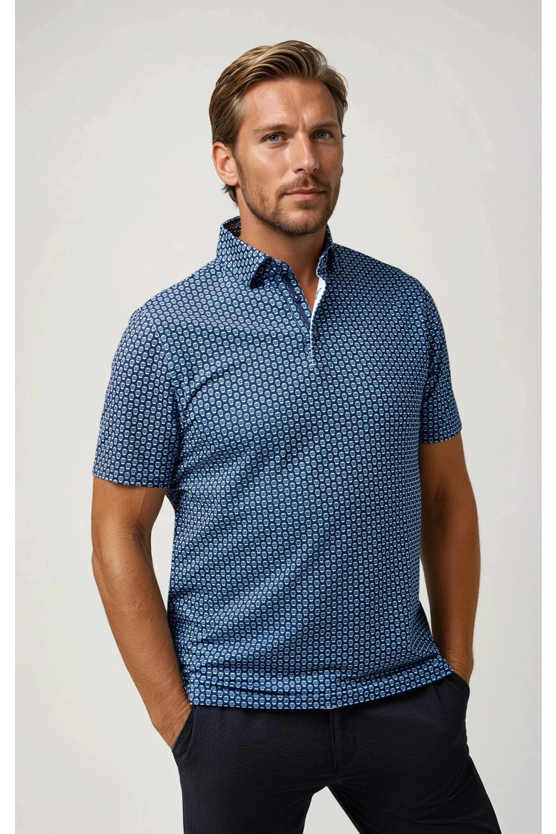 Skull Print Techno Stretch Polo, Main, color, Dark Navy