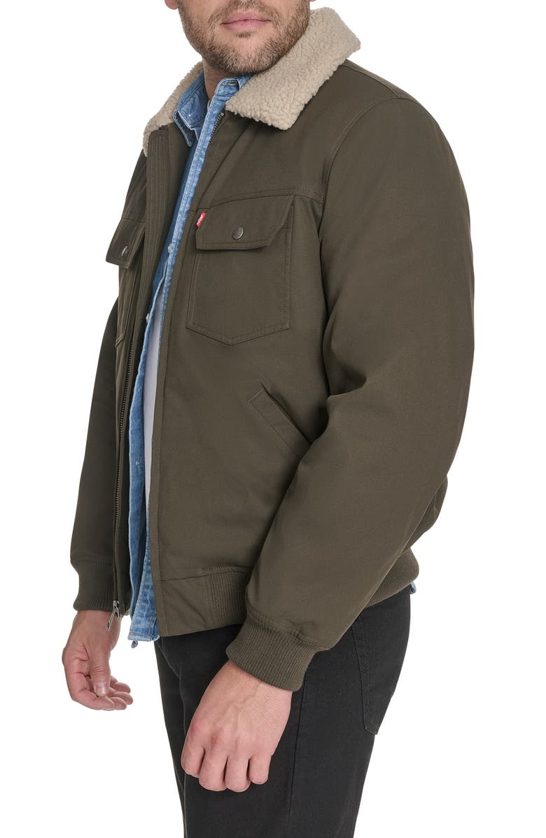 Levi's Water Resistant Faux Shearling Collar Canvas Bomber Jacket, Alternate, color, Olive