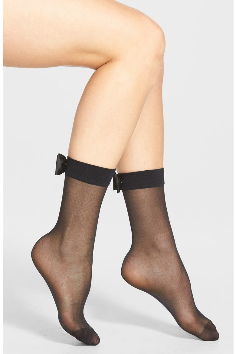 bow cuff sheer anklet socks, Main, color, BLACK