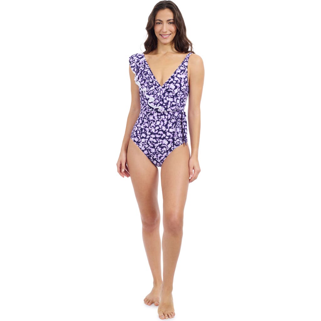 Profile By Gottex Summer Time Crossover Ruffle One Piece Swimsuit In Navy