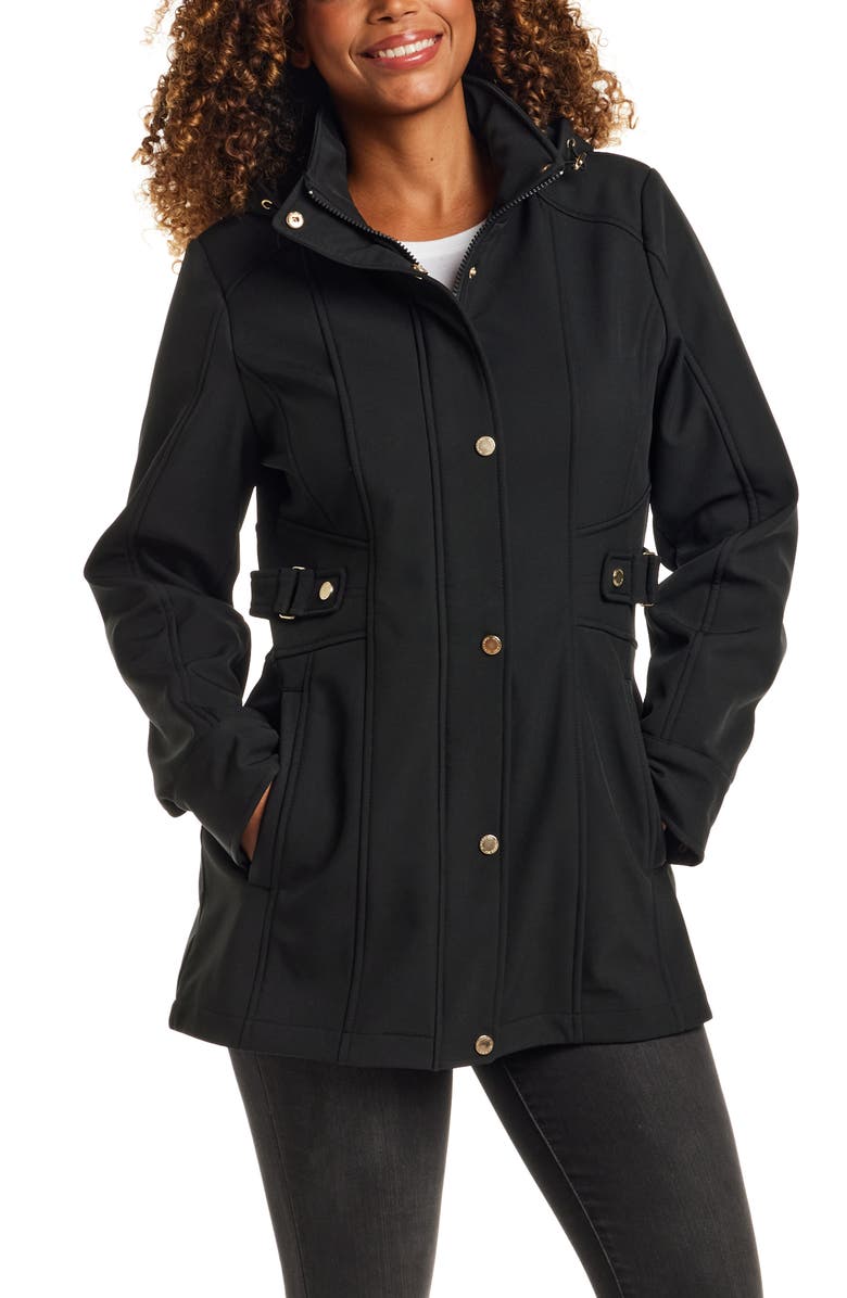 Gallery Softshell Water Resistant Hooded Jacket, Main, color, Black