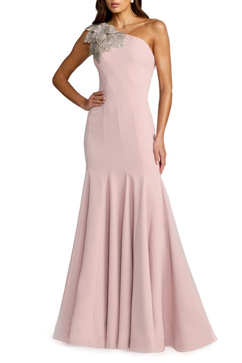 Women's Crepe One Shoulder Gown With Flower Detail
