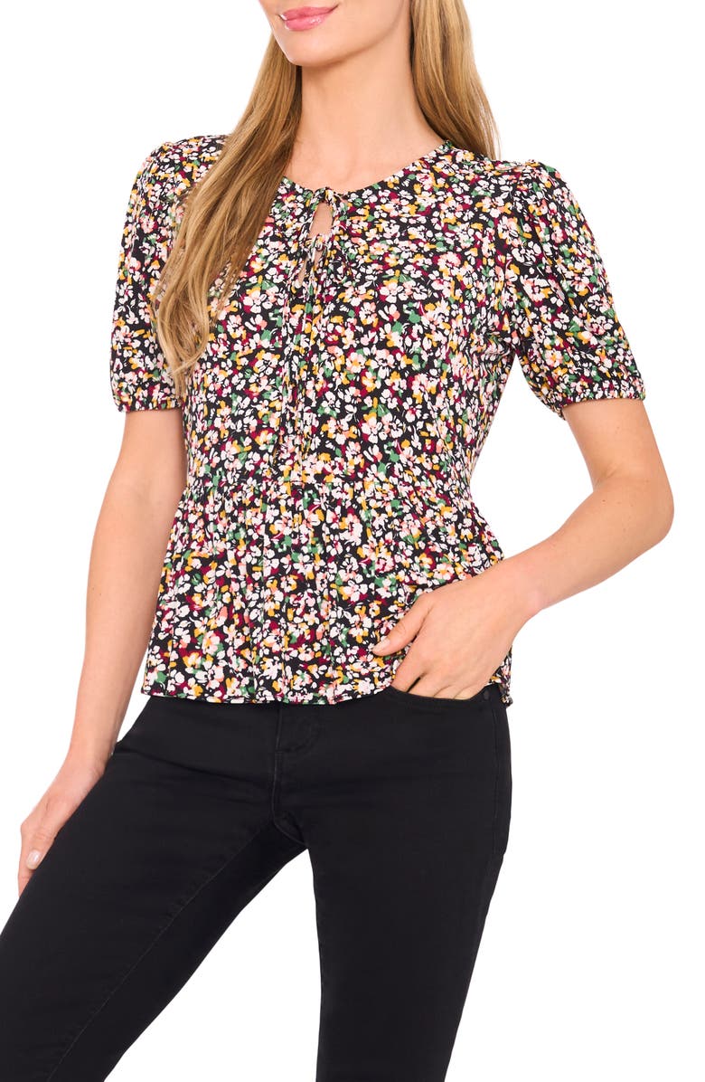 CeCe Floral Knit Keyhole Top, Main, color, Rich Black