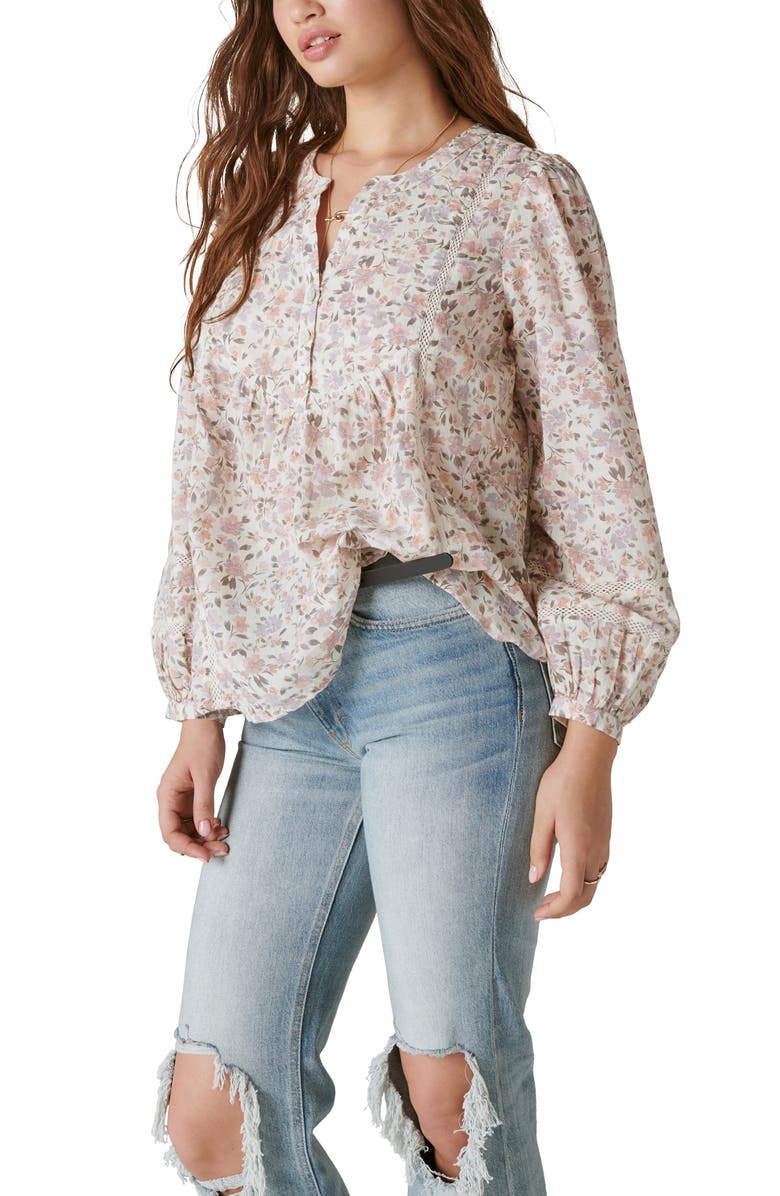 Lucky Brand Lace Inset Long Sleeve Cotton Top, Alternate, color, 
