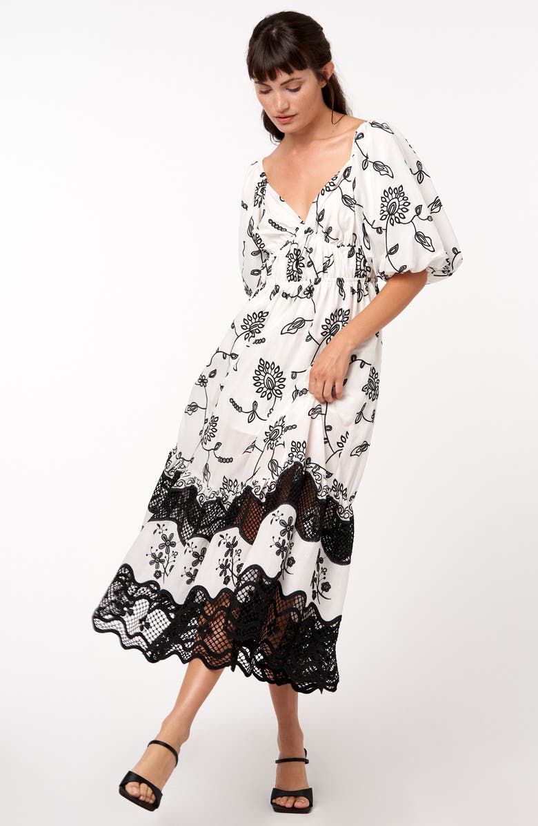 CIEBON Serbita Embroidered Floral Puff Sleeve Cotton Dress, Alternate, color, White/Black