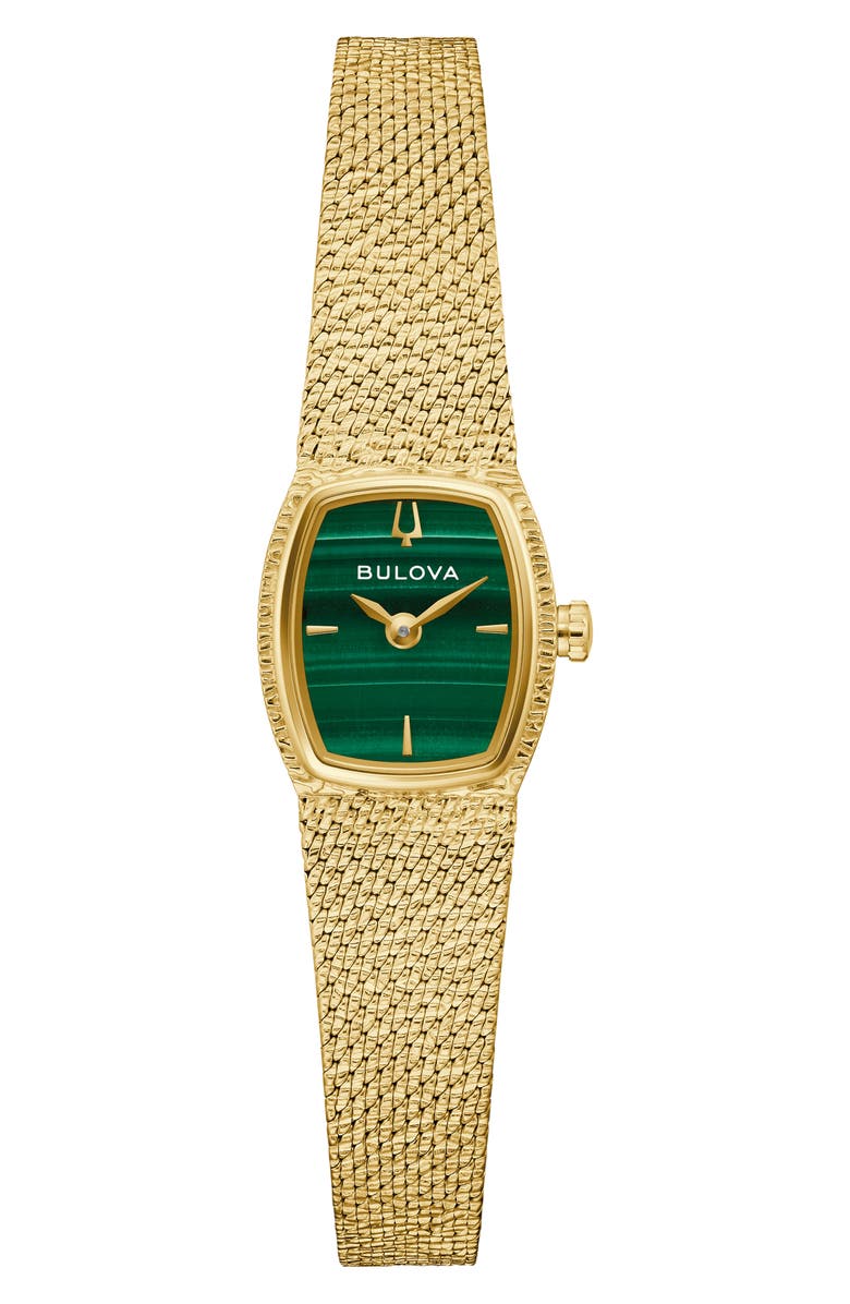 BULOVA Goddess of Time Malachite Mesh Strap Tonneau Watch, 17mm, Main, color, Gold-Tone
