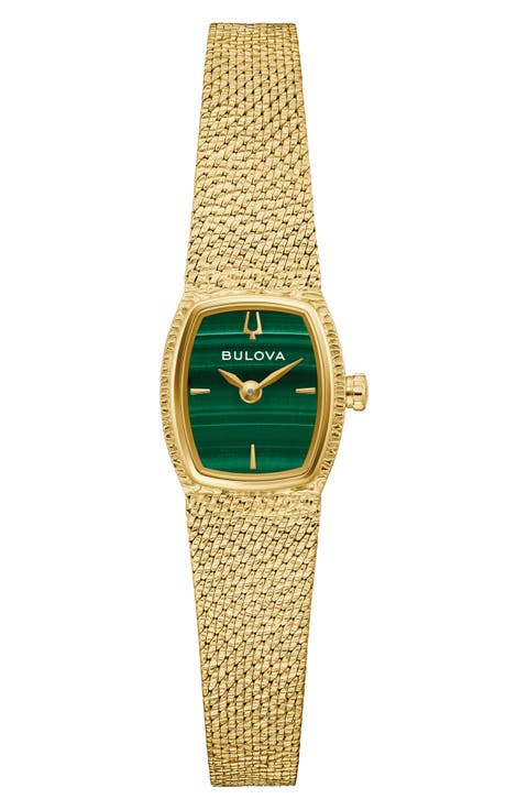 Goddess of Time Malachite Mesh Strap Tonneau Watch, 17mm