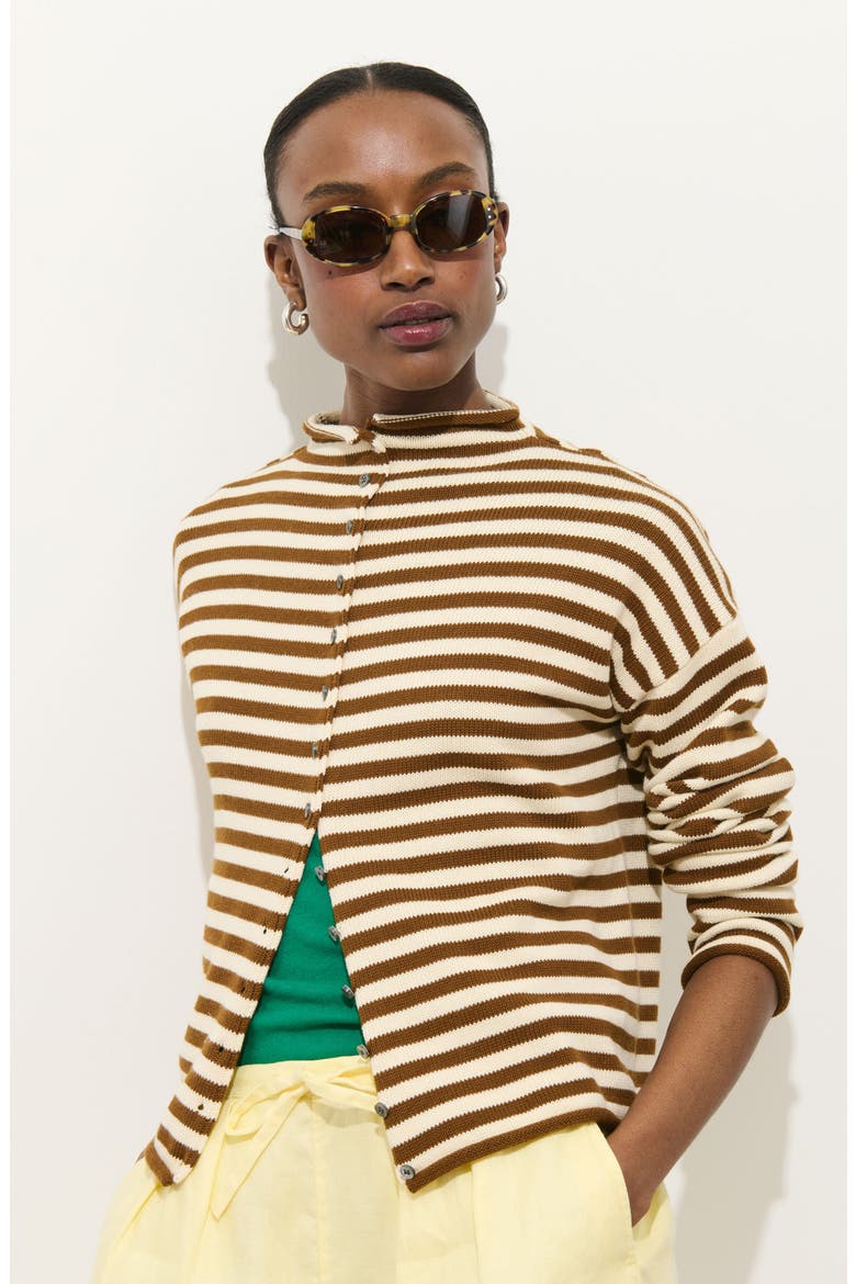 Taylor Stripe Mock Neck Cotton & Cashmere Cardigan, Alternate, color, IVORY / BROWN