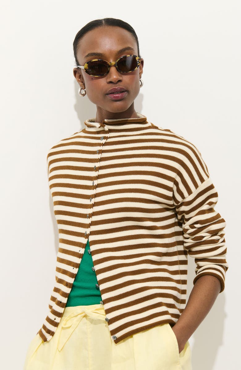 Alex Mill Taylor Stripe Mock Neck Cotton & Cashmere Cardigan, Alternate, color, Ivory / Brown