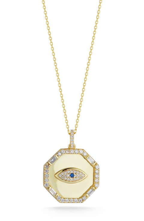 Cubic Zirconia Evil Eye Medallion Pendant Necklace