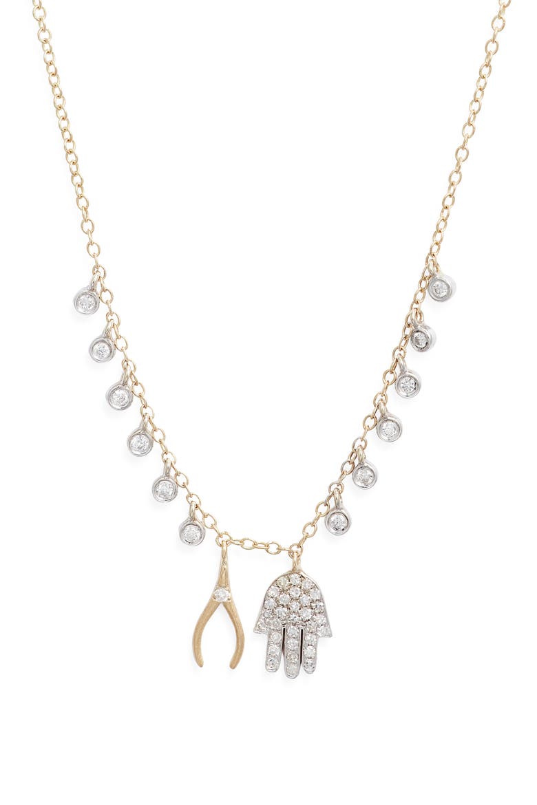 Wishbone Hamsa Charm Necklace, Main, color, YELLOW