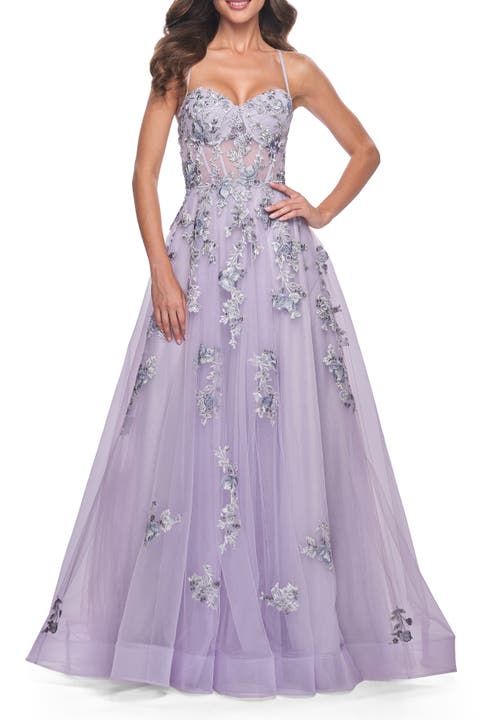 A-Line Tulle Prom Dress with Two Tone Lace