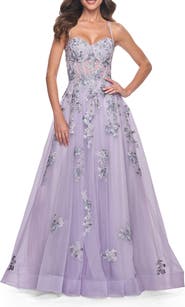 La Femme A-Line Tulle Prom Dress with Two Tone Lace