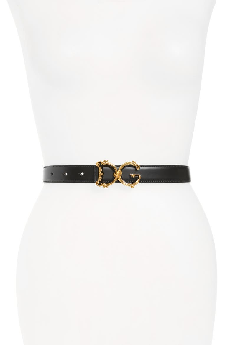 Barocco Leather Belt, Main, color, BLACK