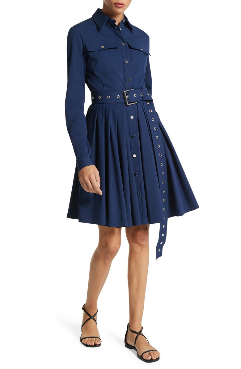 Michael Kors Collection Organic Cotton Stretch Poplin Belted Cargo Shirtdress, Alternate, color, 