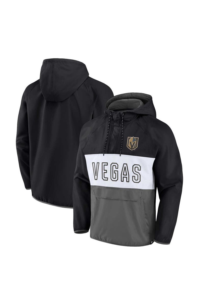 FANATICS Men's Fanatics Branded Black/Gray Vegas Golden Knights Backhand Shooter Defender Anorak Raglan Hoodie Quarter-Zip Jacket, Main, color, 