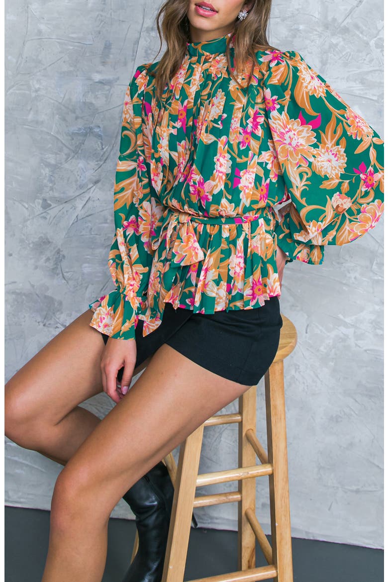 Floral Pleated Long Sleeve Tie Waist Peplum Top, Alternate, color, TEAL GREEN