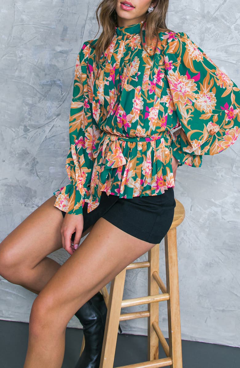 FLYING TOMATO Floral Pleated Long Sleeve Tie Waist Peplum Top, Alternate, color, Teal Green