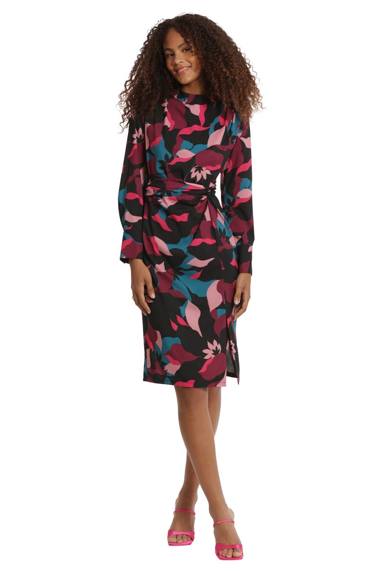 Print Twisted Long Sleeve Dress, Alternate, color, BLACK/ WINE
