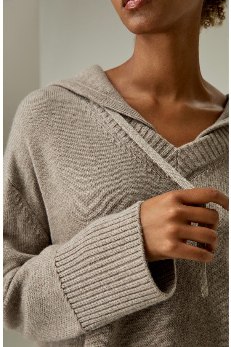 Women's V Neck Wool-Cashmere Blend Hoodie, Alternate, color, Camel